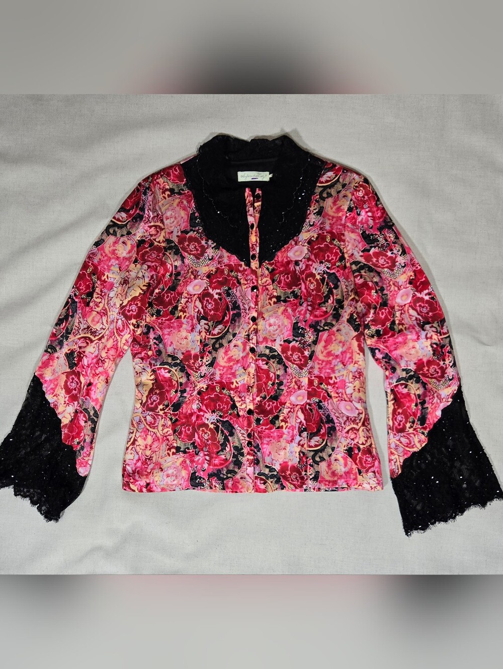 Sylvie & Lily 100% Silk Beaded Lace Blouse | Pink Floral Print | Romantic Top